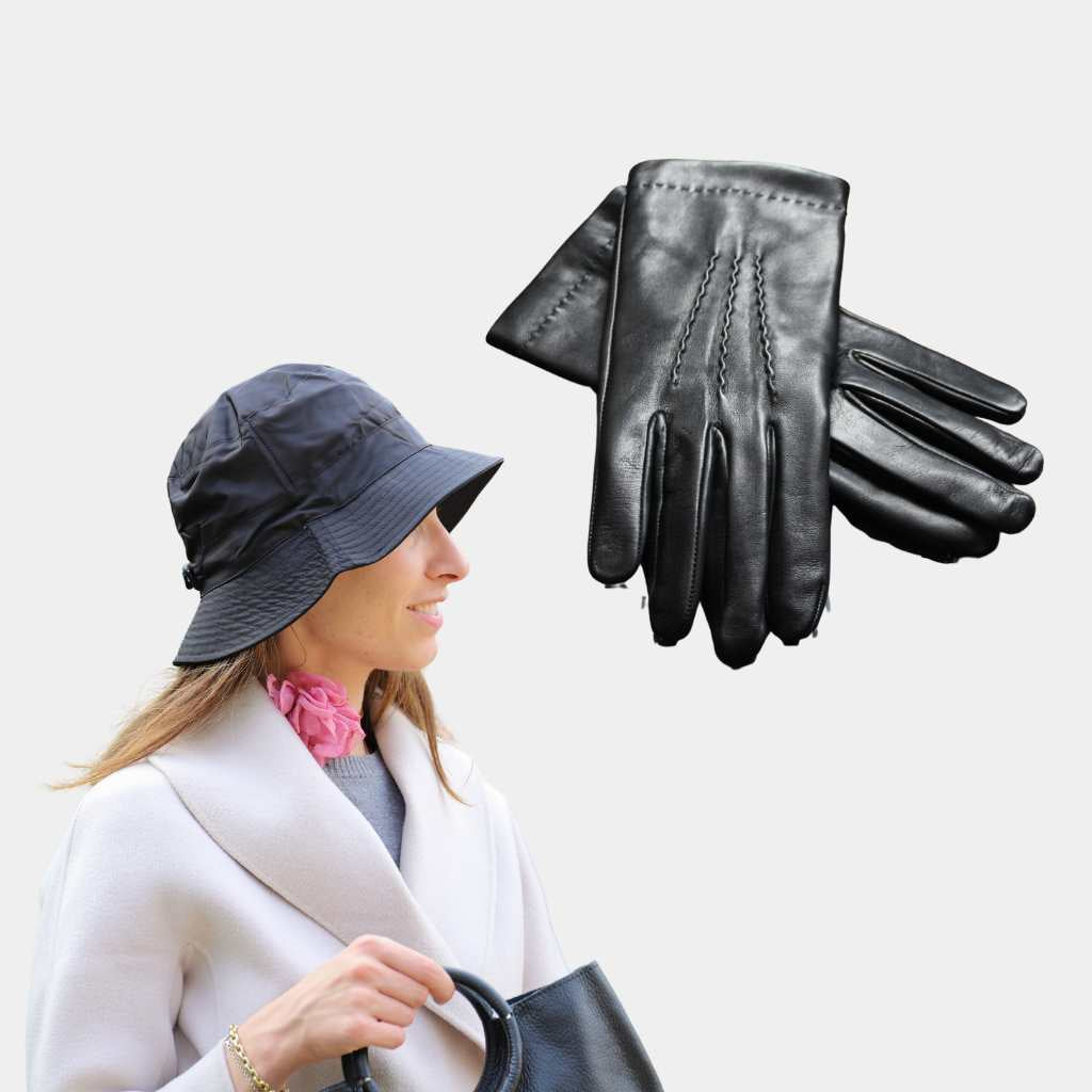 Pack Gorro Lluvia Plegable Negro y Guantes Piel Negros