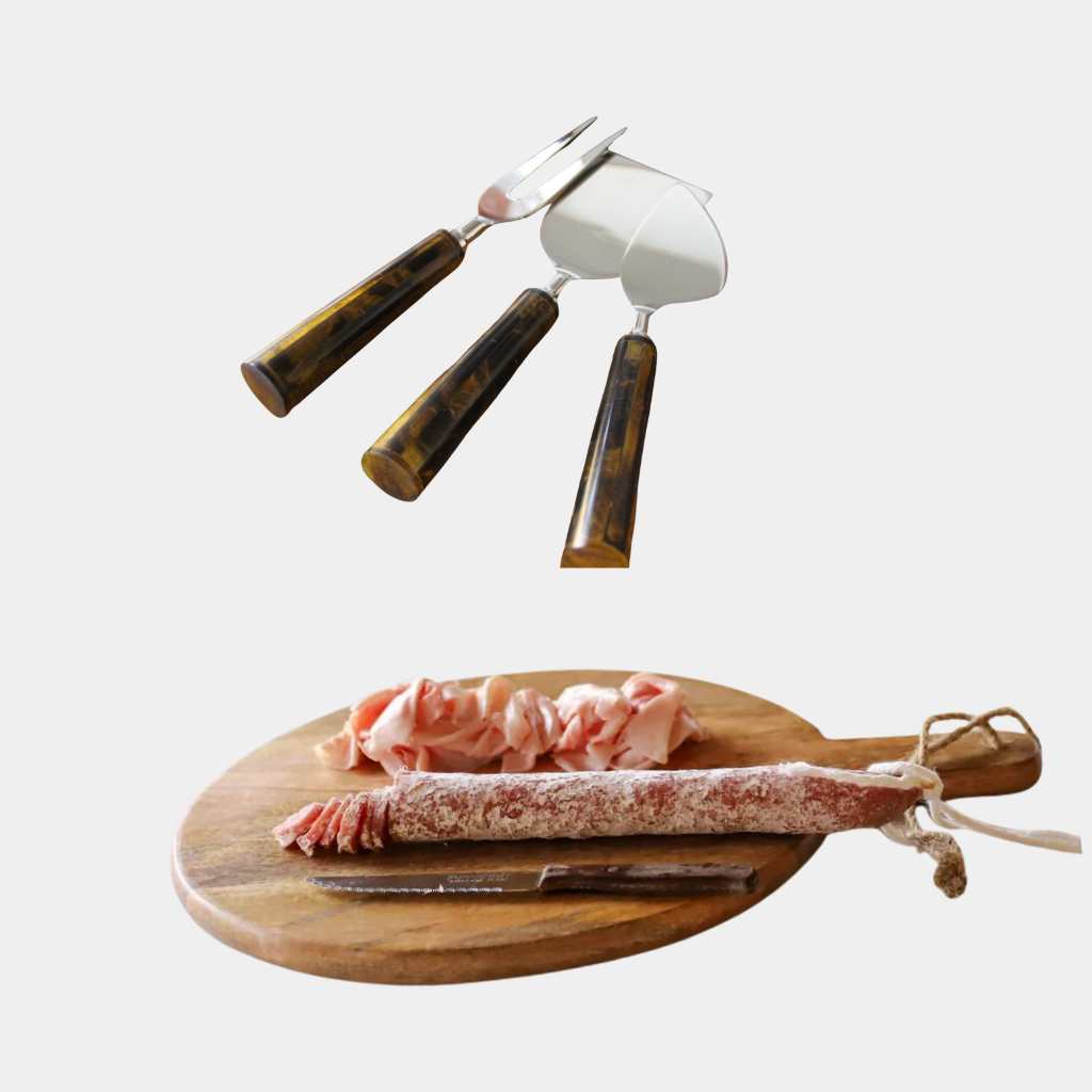 Pack Tabla Redonda Madera y Cuchillos Queso