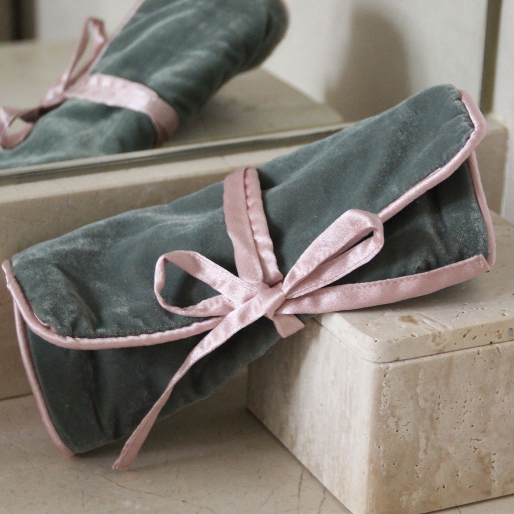 Joyero Terciopelo Verde Grisáceo y Rosa Palo