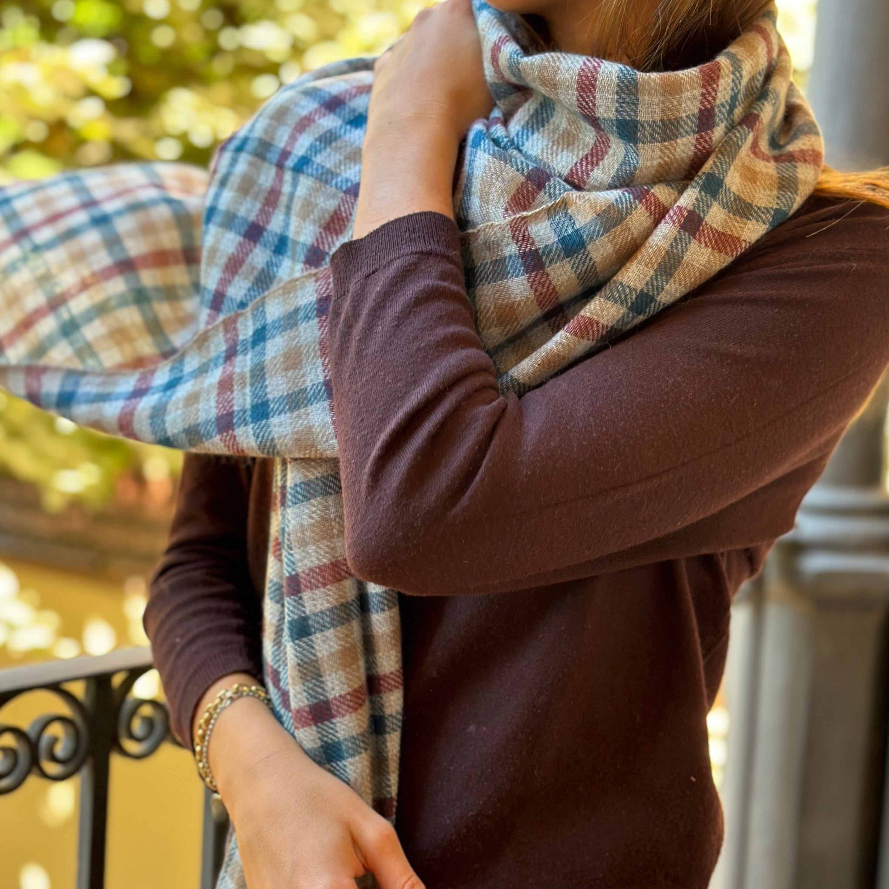 Bufanda 100% Cashmere Cuadros Beige