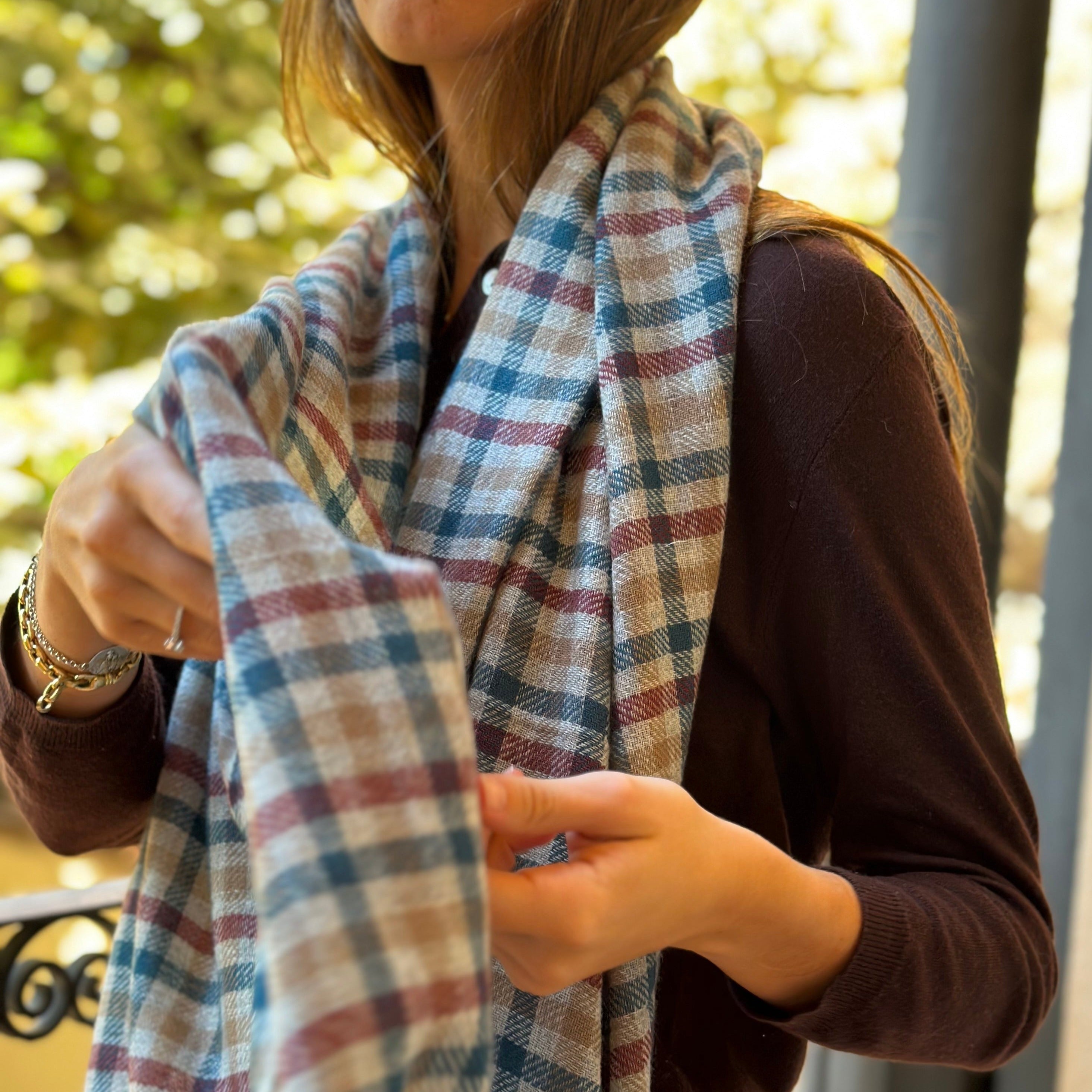 Bufanda 100% Cashmere Cuadros Beige