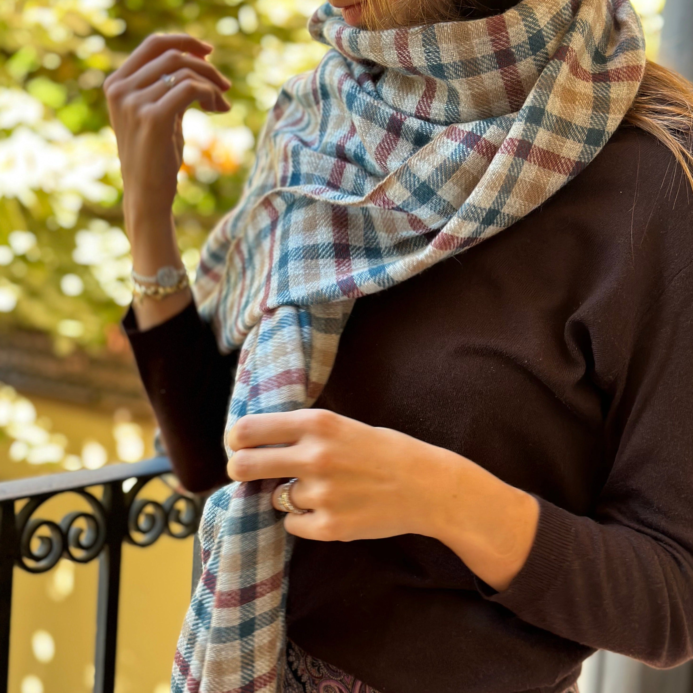 Bufanda 100% Cashmere Cuadros Beige