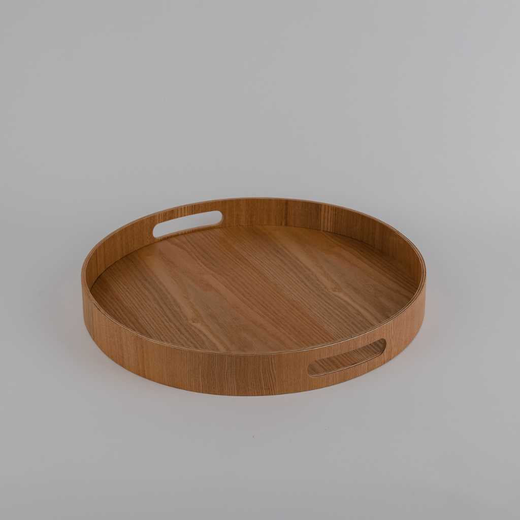Bandeja de madera redonda tamaño grande con asas