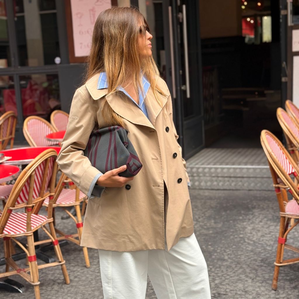 Bolso Mano Rayas Gris/Vino