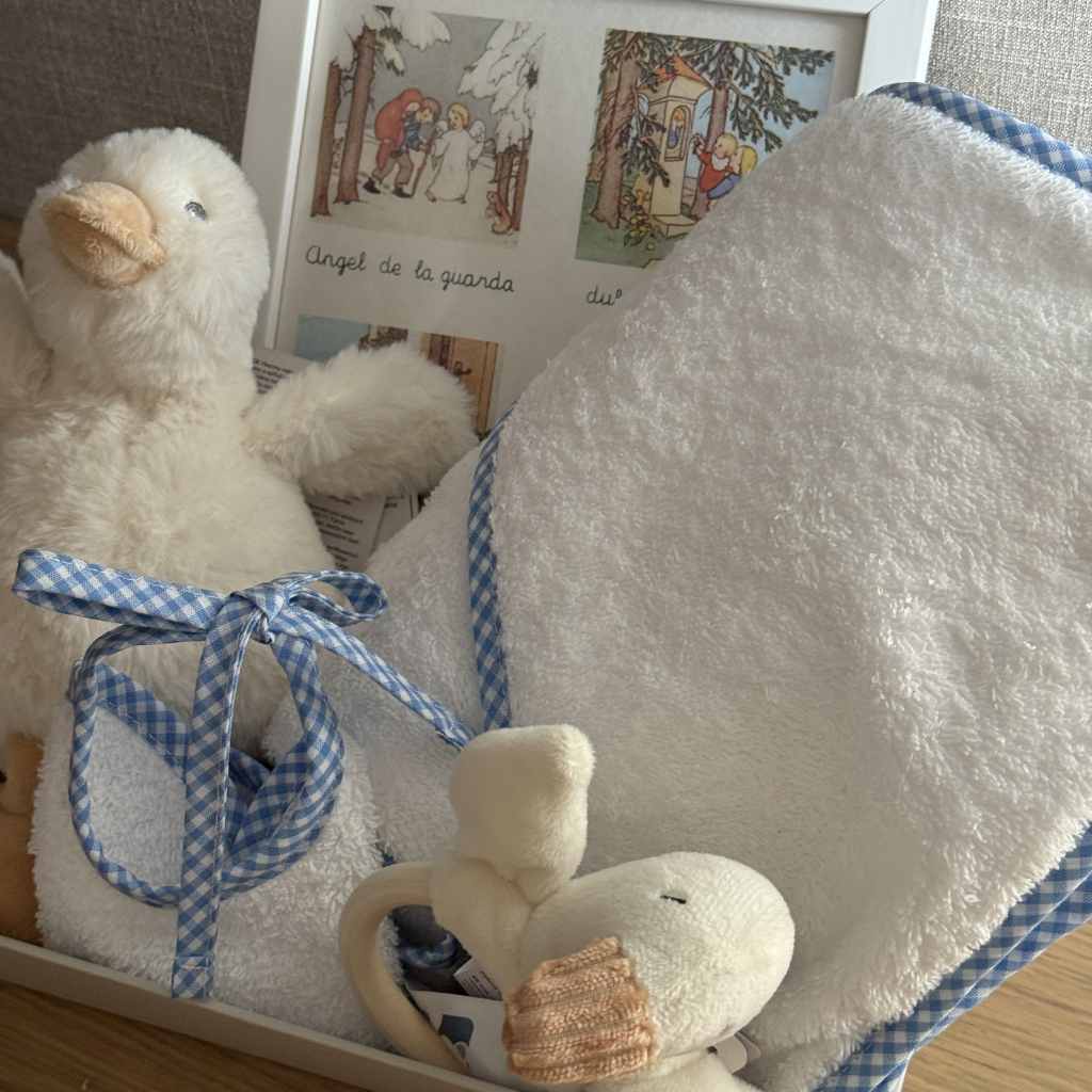 Cesta Recién Nacido Azul con Cuadro Oración Ángel de la Guarda