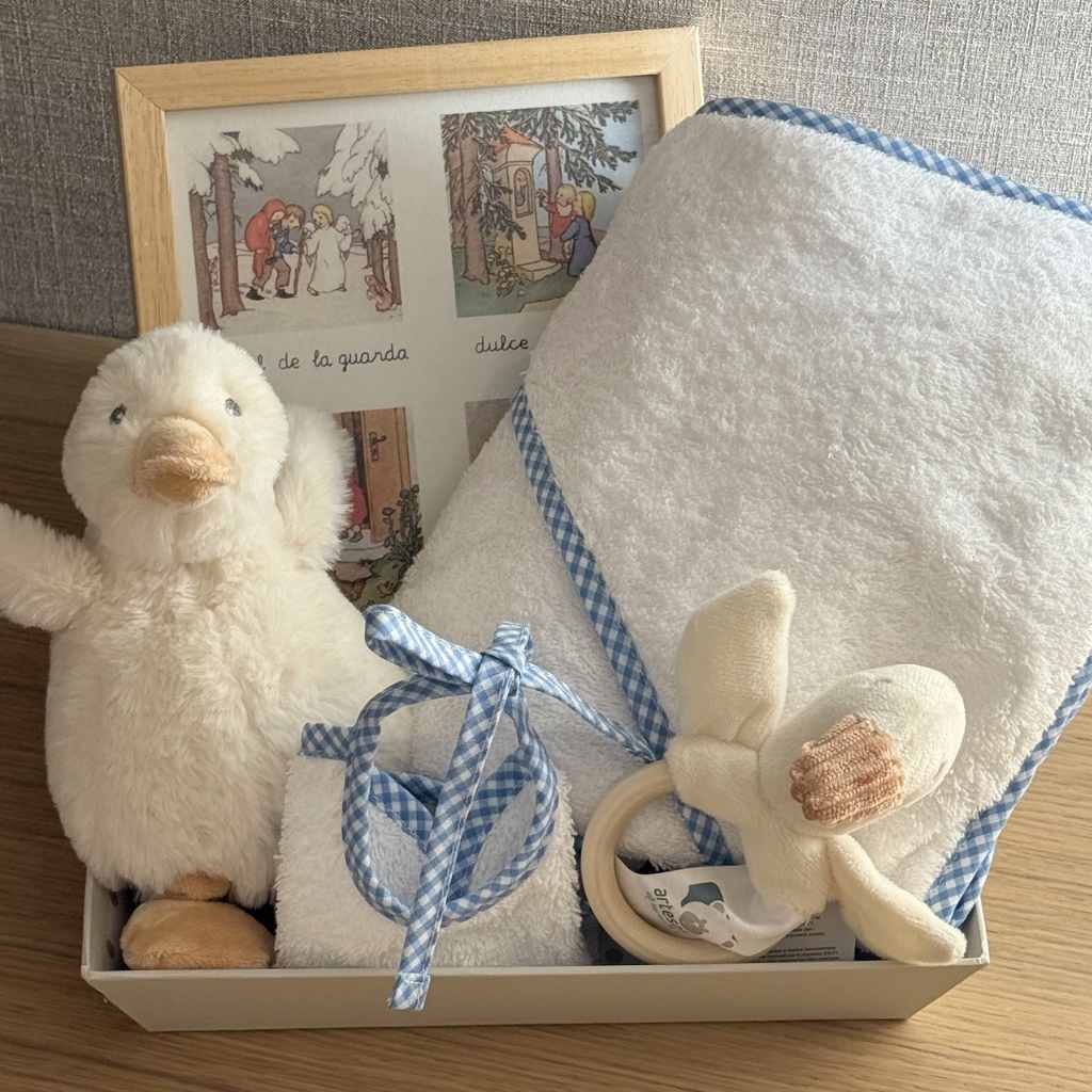 Cesta Recién Nacido Azul con Cuadro Oración Ángel de la Guarda