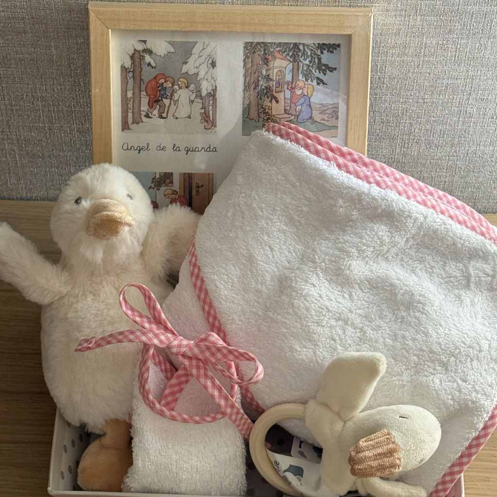 Cesta Recién Nacido Rosa con Cuadro Oración Ángel de la Guarda