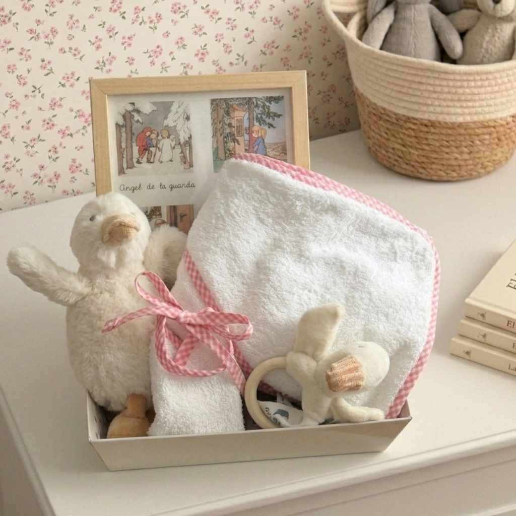 Cesta Recién Nacido Rosa con Cuadro Oración Ángel de la Guarda