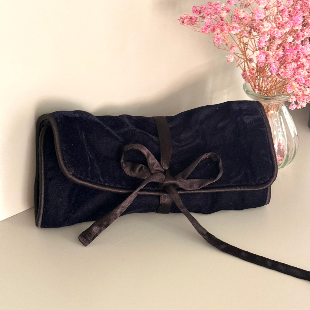 Navy Blue and Pale Pink Velvet Jewelry Pouch