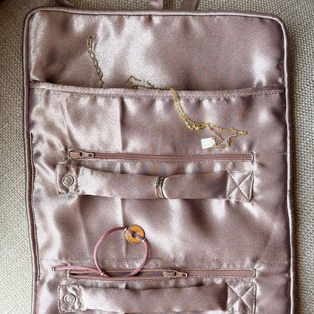 Beige and Blue Velvet Jewelry Pouch