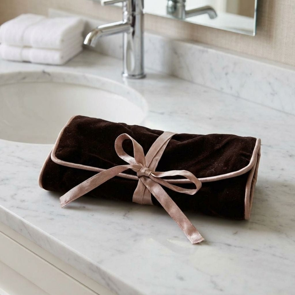 Beige and Blue Velvet Jewelry Pouch
