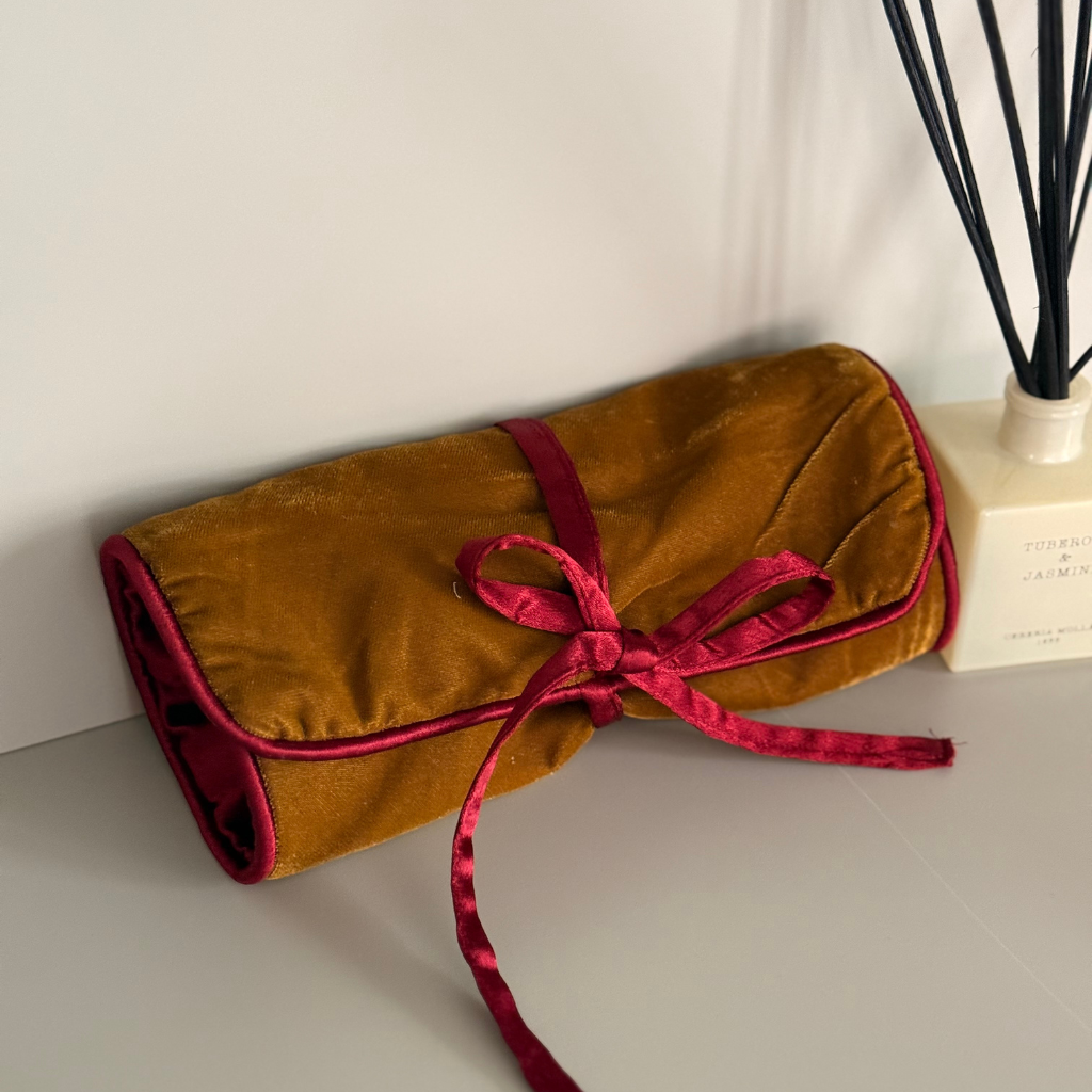 Mustard and Blue Velvet Jewelry Pouch
