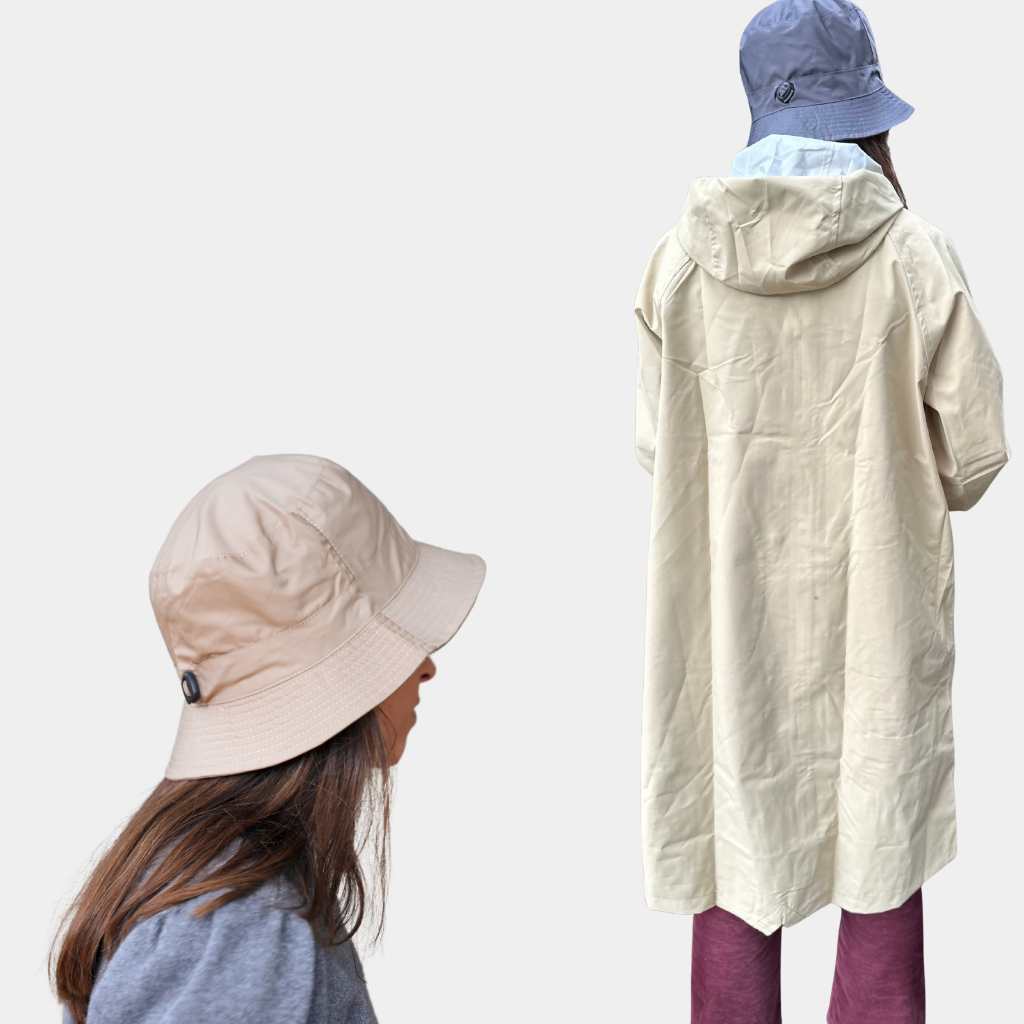 Pack Chubasquero Largo Beige y Gorro Lluvia Plegable Beige