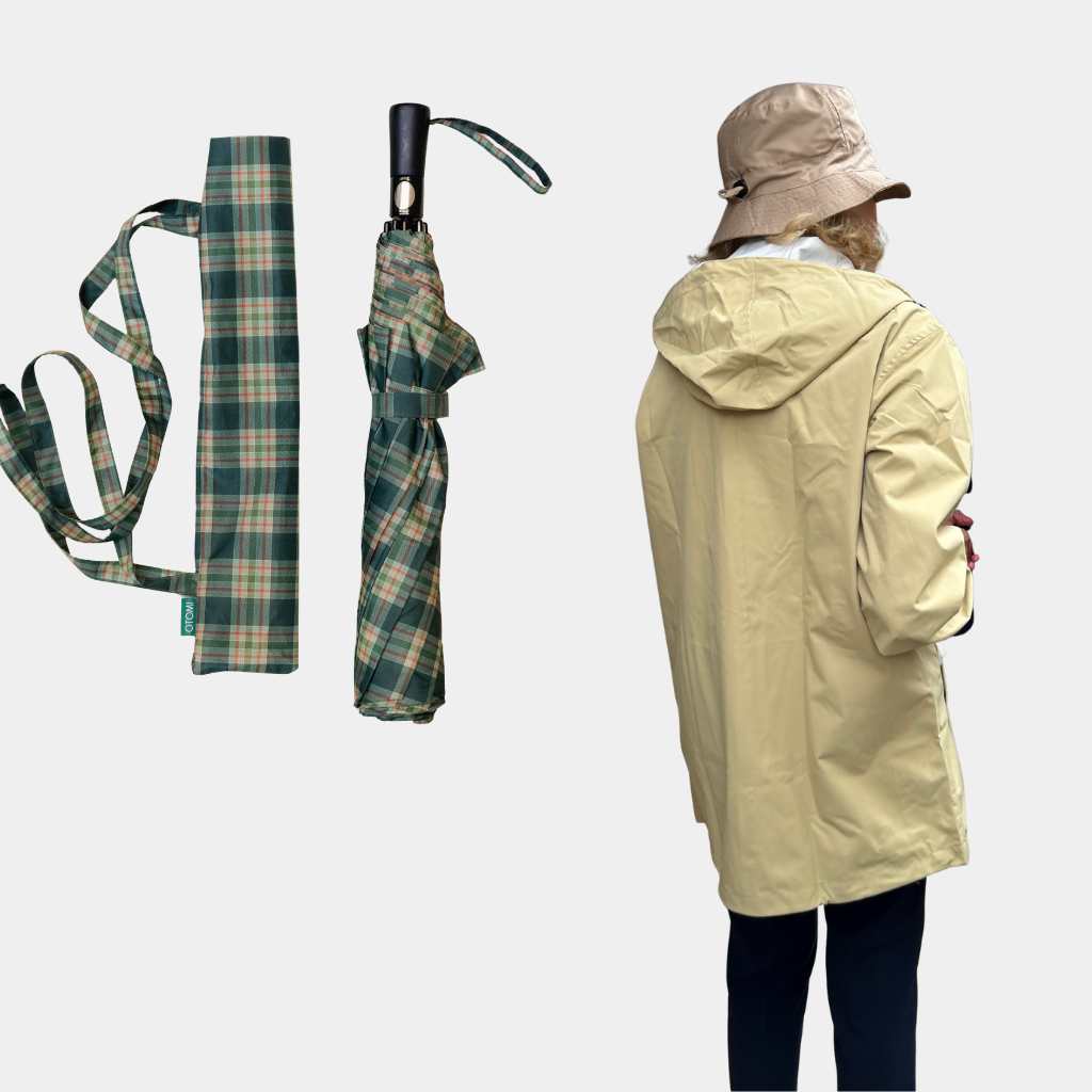 Pack Chubasquero Corto Beige y Paraguas Plegable XL Highlands