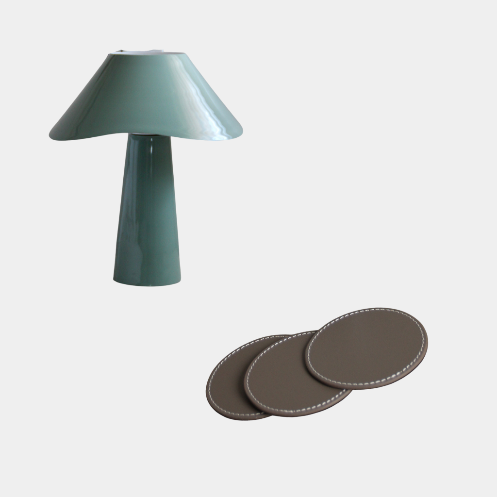 Pack Lámpara Sobremesa Ameno Misty Green y Posavasos Piel Taupe