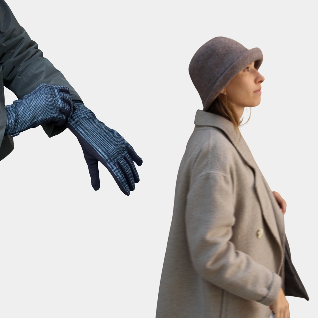 Pack Guantes Pata de Gallo Gris y Sombrero Franela Marrón