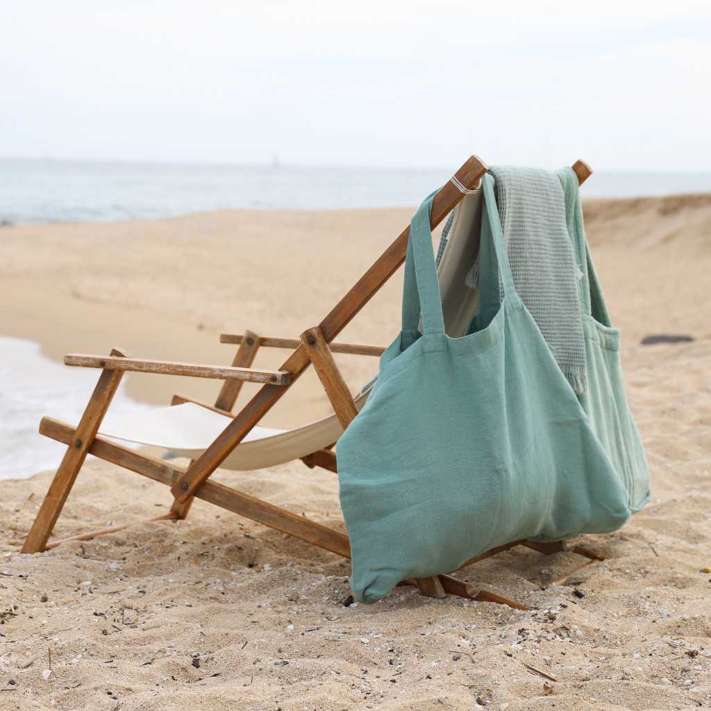 Green Linen Beach Bag