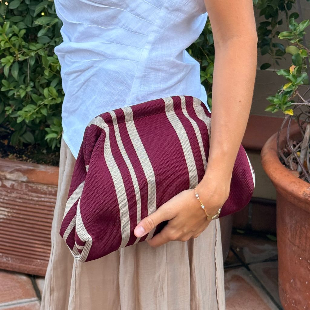 Bolso Mano Rayas Beige/Burdeos