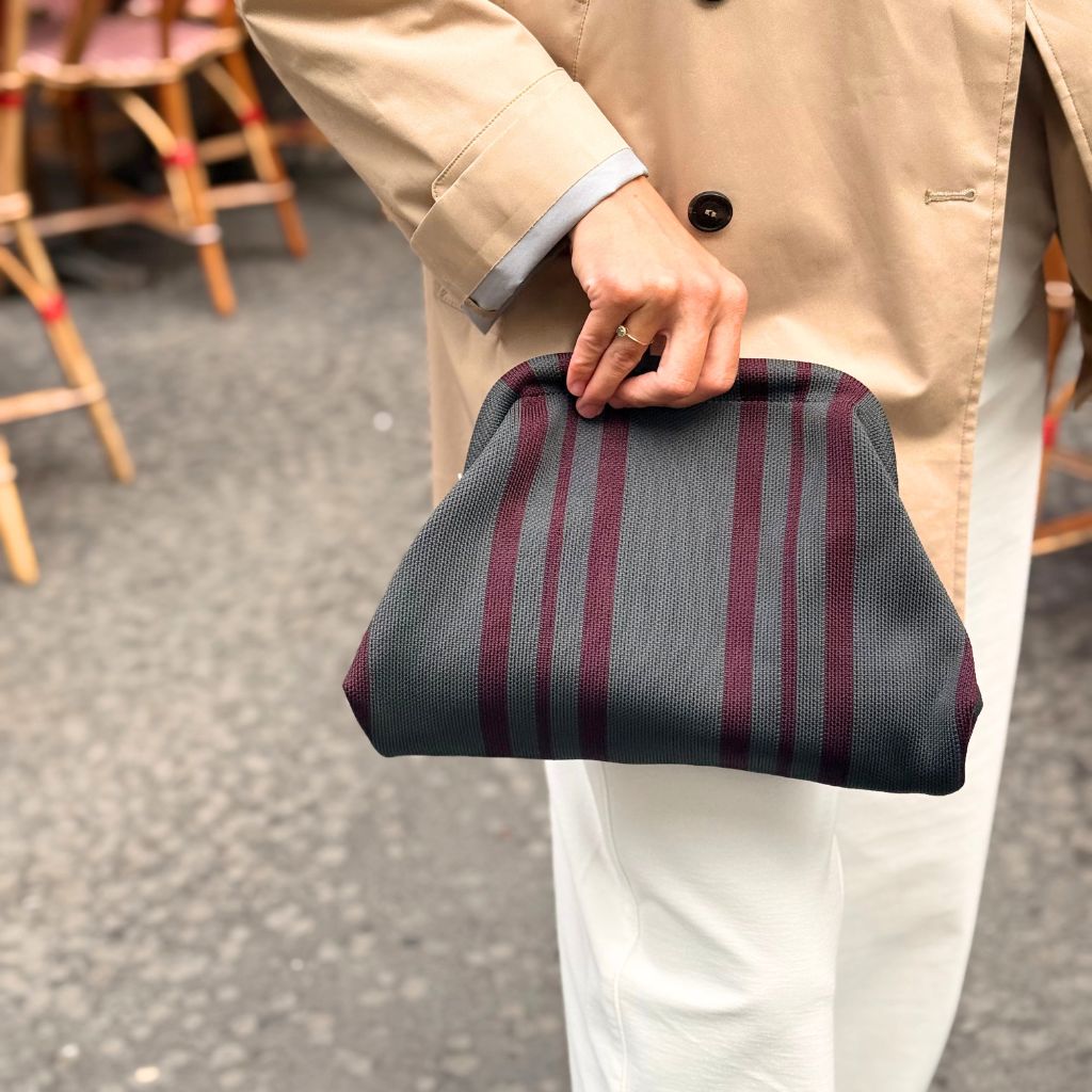 Bolso Mano Rayas Gris/Vino
