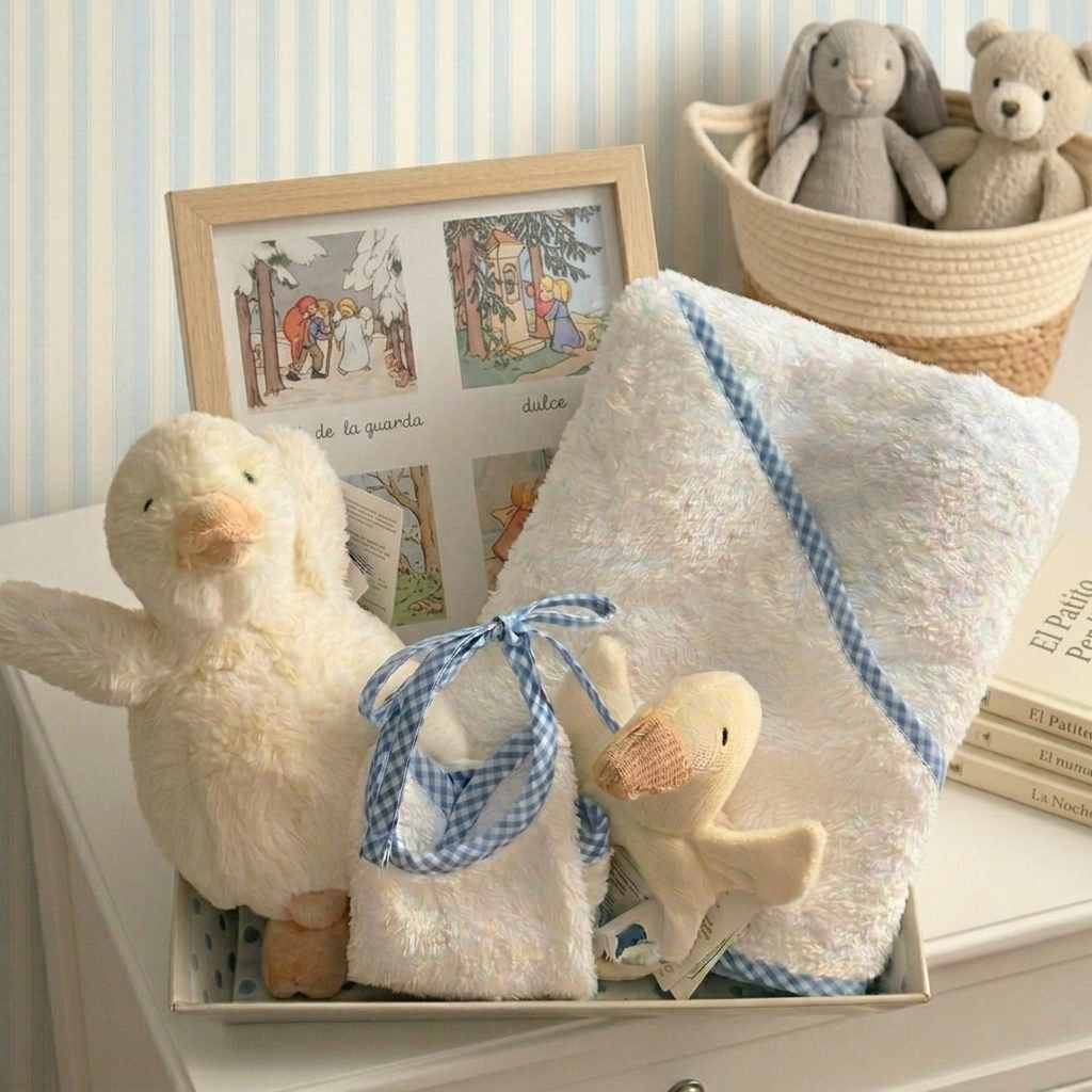 Cesta Recién Nacido Azul con Cuadro Oración Ángel de la Guarda