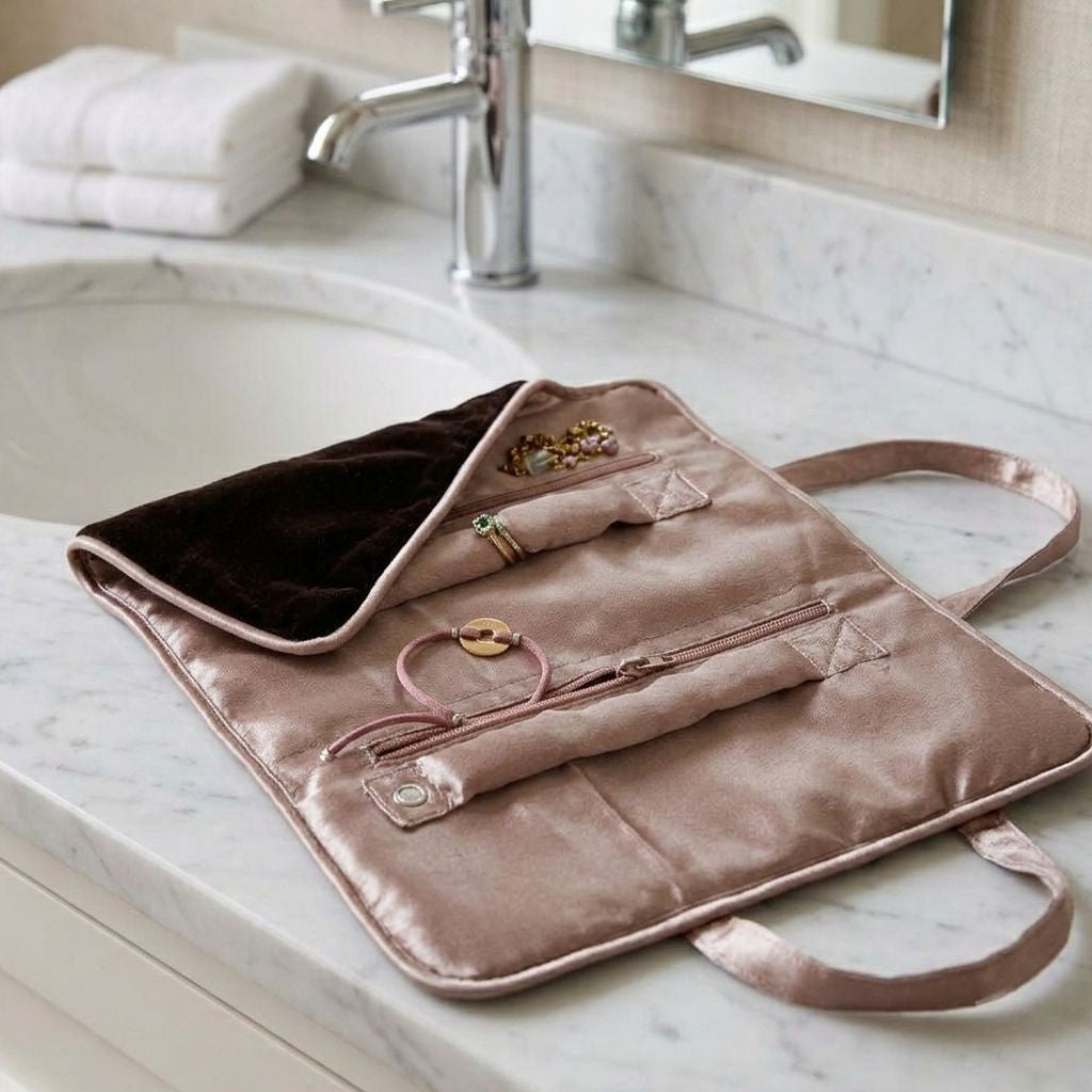 Beige and Blue Velvet Jewelry Pouch