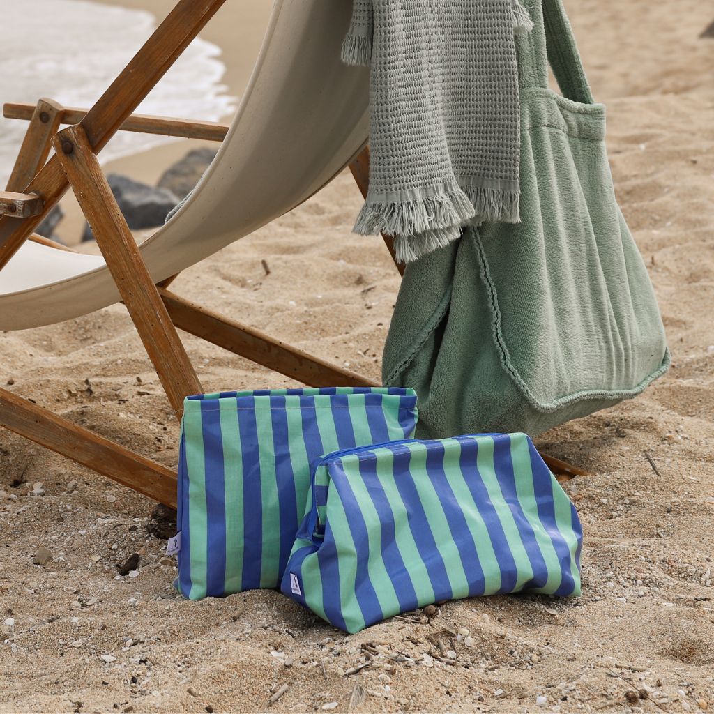 Blue and Green Striped Square Toiletry Bag