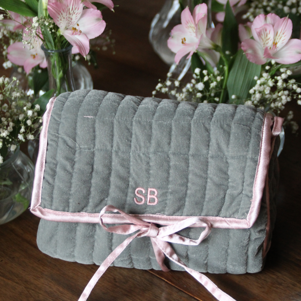 Navy Blue and Pale Pink Velvet Jewelry Pouch