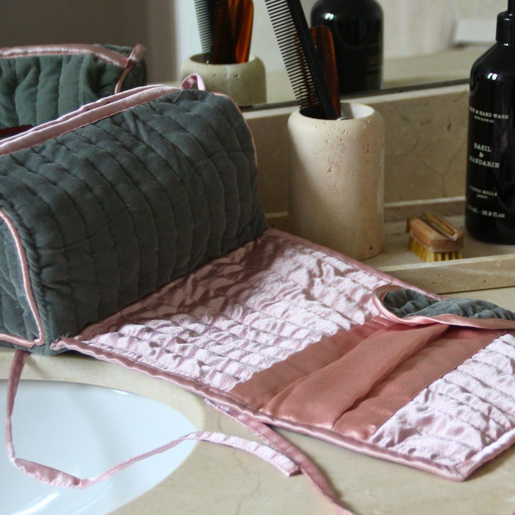 Neceser Terciopelo Gris y Rosa Palo