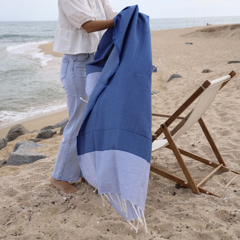 Navy Blue Striped Beach Towel